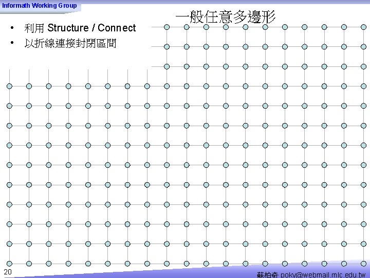 Informath Working Group • 利用 Structure / Connect • 以折線連接封閉區間 20 一般任意多邊形 蘇柏奇 poky@webmail.