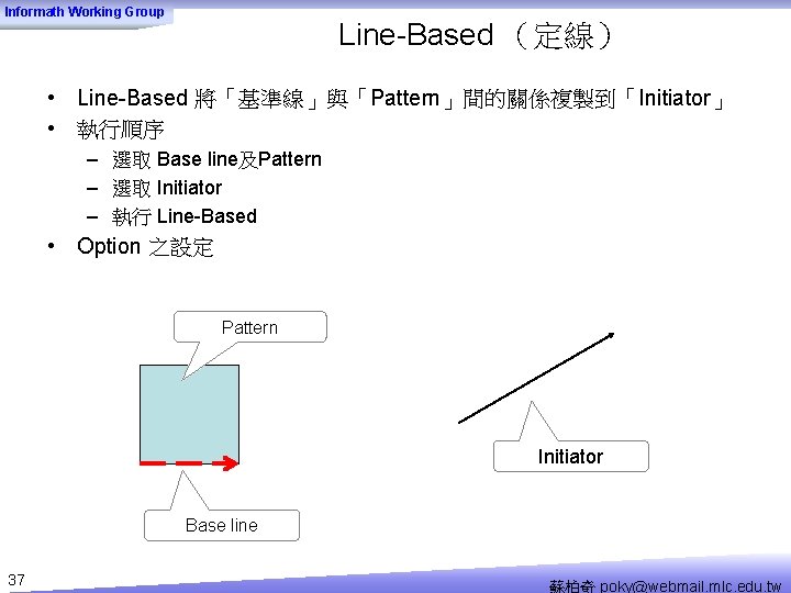 Informath Working Group Line-Based （定線） • Line-Based 將「基準線」與「Pattern」間的關係複製到「Initiator」 • 執行順序 – 選取 Base line及Pattern