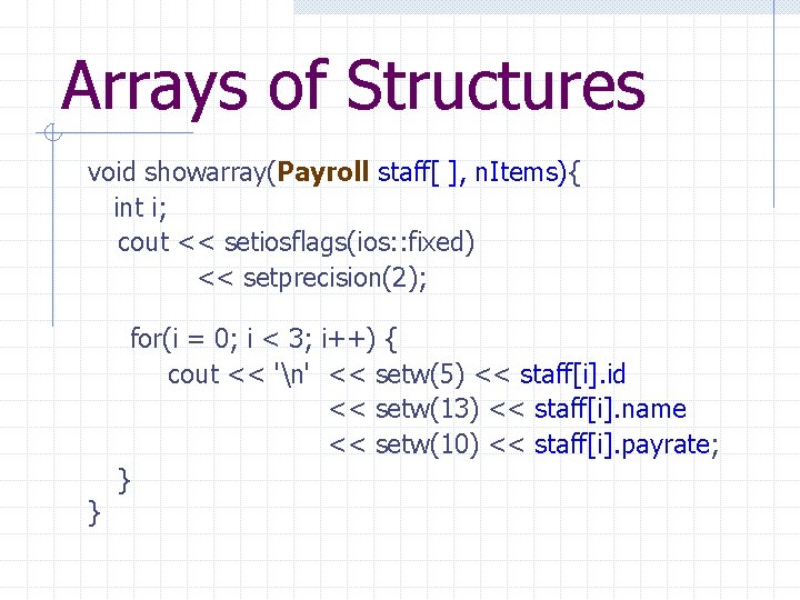 Arrays of Structures void showarray(Payroll staff[ ], n. Items){ int i; cout << setiosflags(ios: