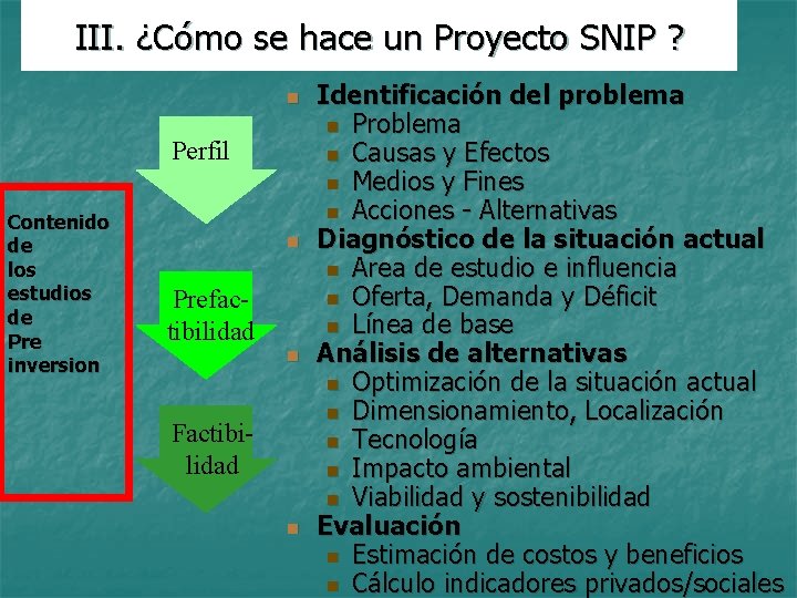 III. ¿Cómo se hace un Proyecto SNIP ? n Perfil Contenido de los estudios