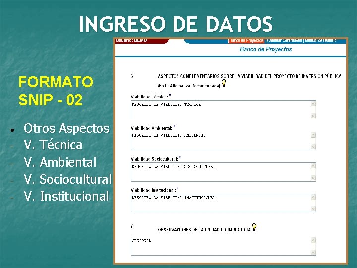 INGRESO DE DATOS FORMATO SNIP - 02 • - Otros Aspectos V. Técnica V.