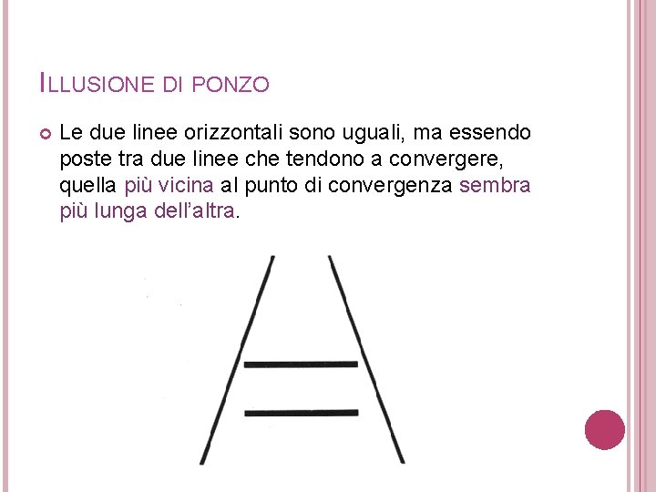 ILLUSIONE DI PONZO Le due linee orizzontali sono uguali, ma essendo poste tra due