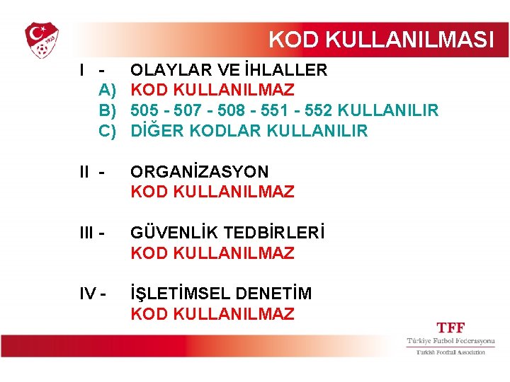 KOD KULLANILMASI I A) B) C) OLAYLAR VE İHLALLER KOD KULLANILMAZ 505 - 507