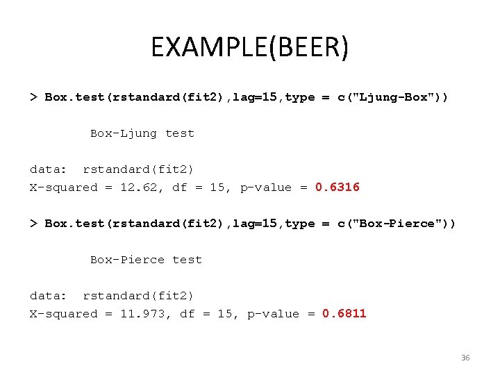 EXAMPLE(BEER) > Box. test(rstandard(fit 2), lag=15, type = c("Ljung-Box")) Box-Ljung test data: rstandard(fit 2)