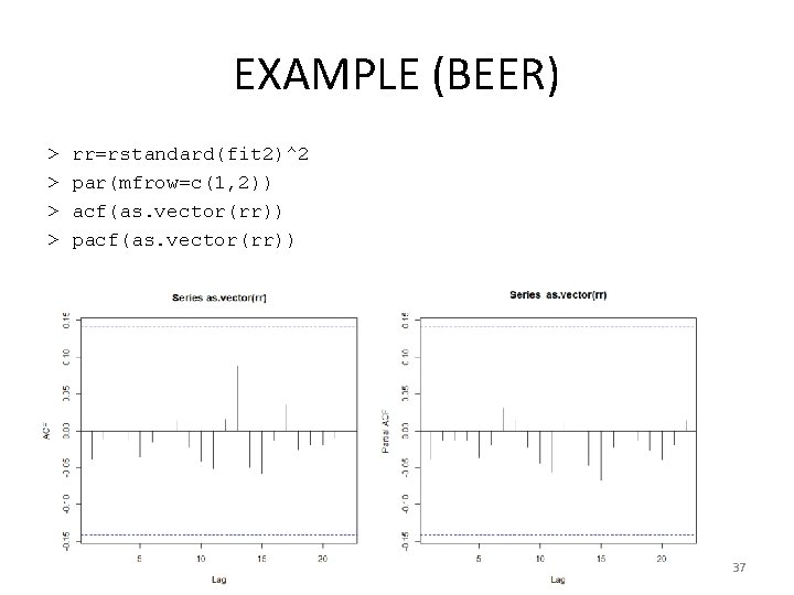 EXAMPLE (BEER) > > rr=rstandard(fit 2)^2 par(mfrow=c(1, 2)) acf(as. vector(rr)) pacf(as. vector(rr)) 37 