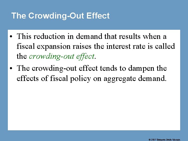 The Crowding-Out Effect • This reduction in demand that results when a fiscal expansion