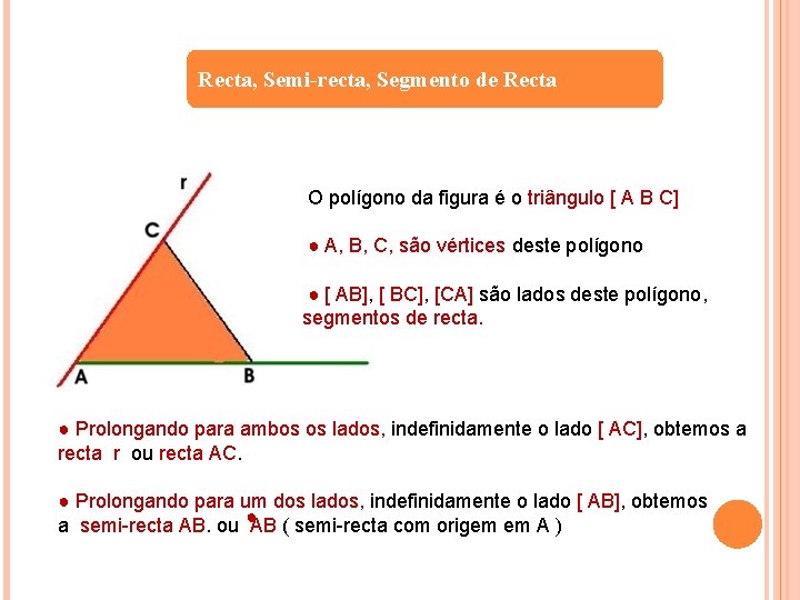 Recta, Semi-recta, Segmento de Recta O polígono da figura é o triângulo [ A