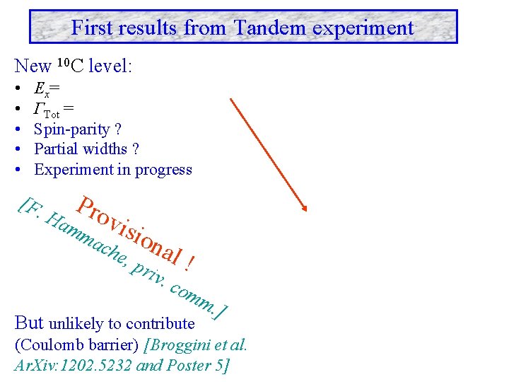 First results from Tandem experiment New 10 C level: • • • E x=