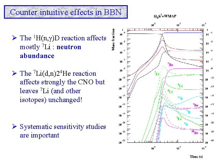 Counter intuitive effects in BBN Ø The 1 H(n, )D reaction affects mostly 7