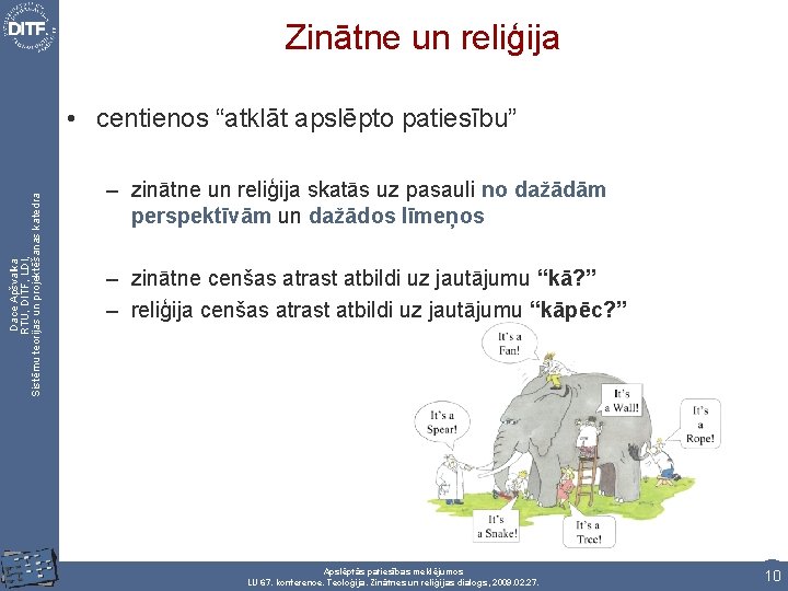 Zinātne un reliģija Dace Apšvalka RTU, DITF, LDI, Sistēmu teorijas un projektēšanas katedra •
