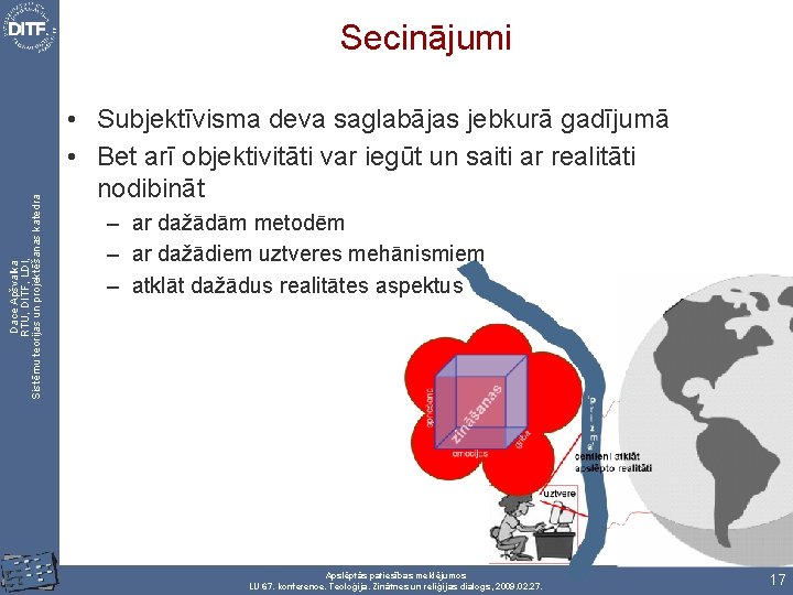 Dace Apšvalka RTU, DITF, LDI, Sistēmu teorijas un projektēšanas katedra Secinājumi • Subjektīvisma deva
