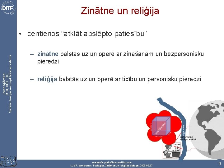 Zinātne un reliģija Dace Apšvalka RTU, DITF, LDI, Sistēmu teorijas un projektēšanas katedra •