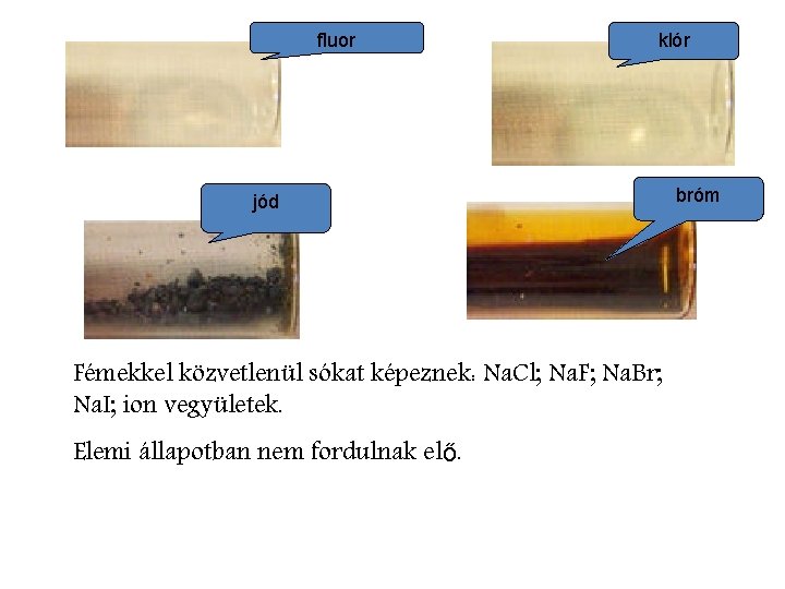 fluor klór jód Fémekkel közvetlenül sókat képeznek: Na. Cl; Na. F; Na. Br; Na.