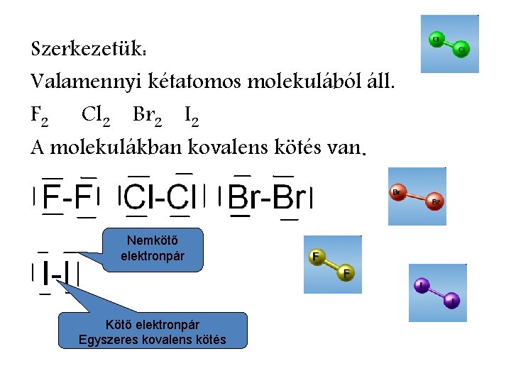 Szerkezetük: Valamennyi kétatomos molekulából áll. F 2 Cl 2 Br 2 I 2 A