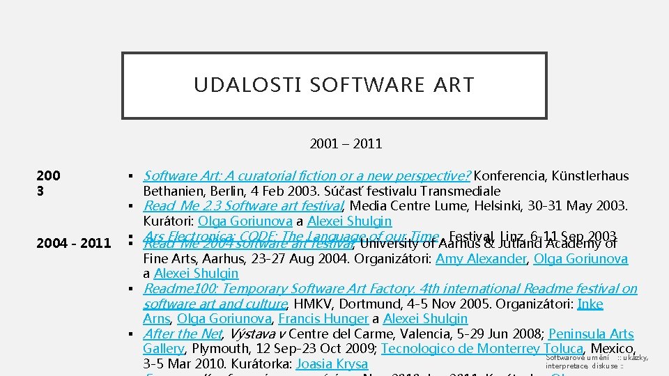 UDALOSTI SOFTWARE ART 2001 – 2011 200 3 2004 - 2011 § Software Art: