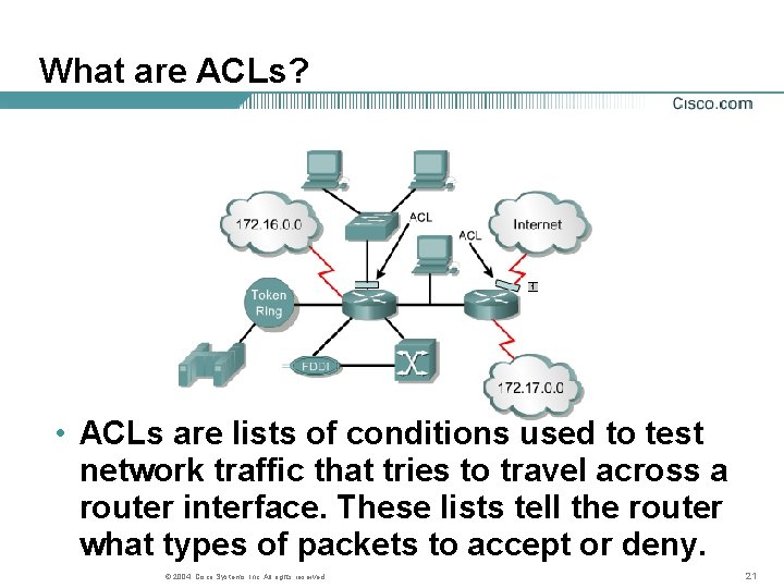 What are ACLs? • ACLs are lists of conditions used to test network traffic What are ACLs? • ACLs are lists of conditions used to test network traffic