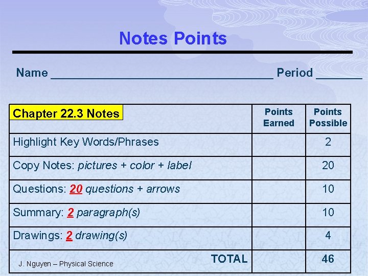 Notes Points Name _________________ Period _______ Points Earned Chapter 22. 3 Notes Points Possible
