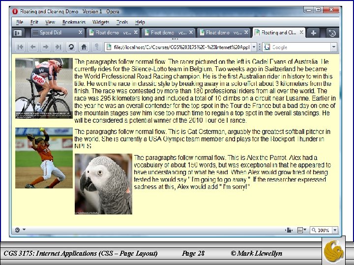 CGS 3175: Internet Applications (CSS – Page Layout) Page 28 © Mark Llewellyn 