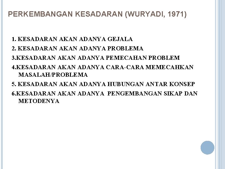 PERKEMBANGAN KESADARAN (WURYADI, 1971) 1. KESADARAN AKAN ADANYA GEJALA 2. KESADARAN AKAN ADANYA PROBLEMA