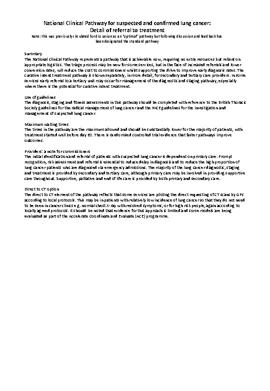 National Clinical Pathway for suspected and confirmed lung cancer: Detail of referral to treatment