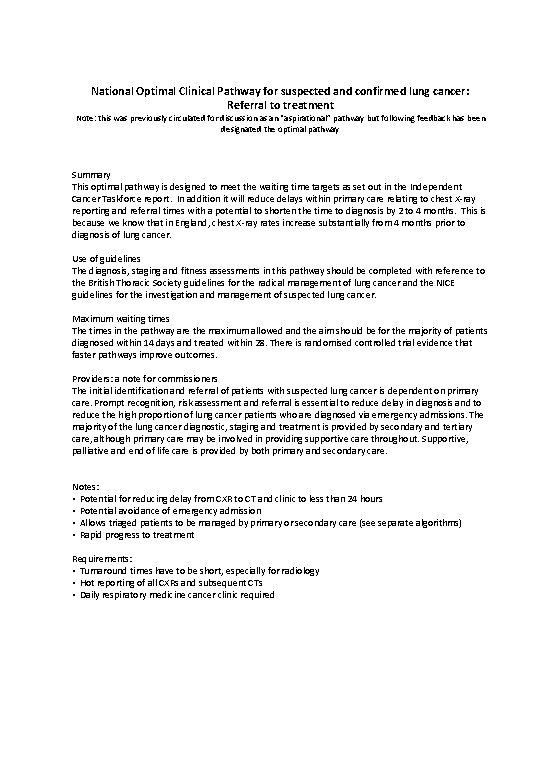 National Optimal Clinical Pathway for suspected and confirmed lung cancer: Referral to treatment Note: