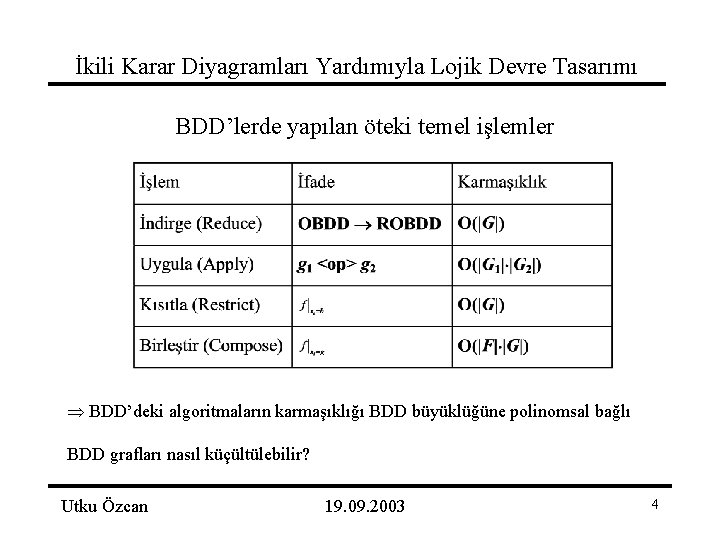 İkili Karar Diyagramları Yardımıyla Lojik Devre Tasarımı BDD’lerde yapılan öteki temel işlemler BDD’deki algoritmaların