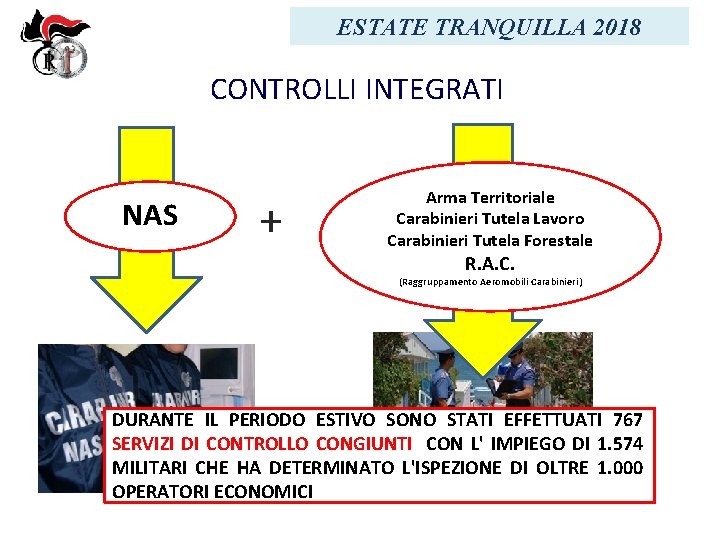 ESTATE TRANQUILLA 2018 CONTROLLI INTEGRATI NAS + Arma Territoriale Carabinieri Tutela Lavoro Carabinieri Tutela