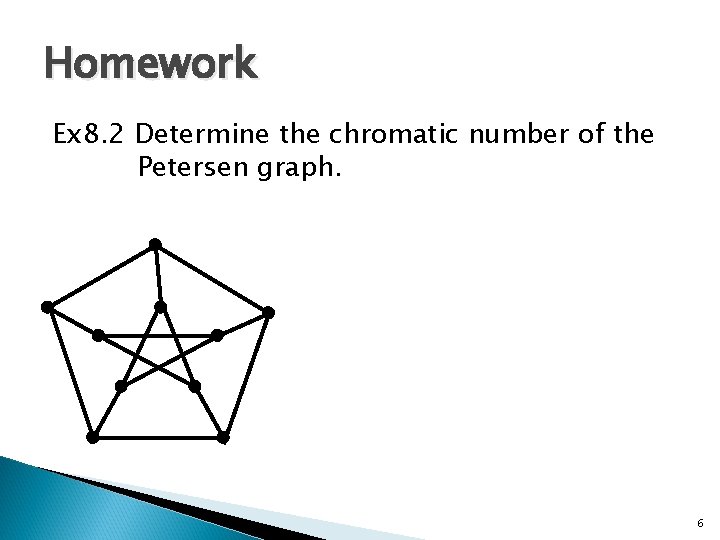 Homework Ex 8. 2 Determine the chromatic number of the Petersen graph. 6 