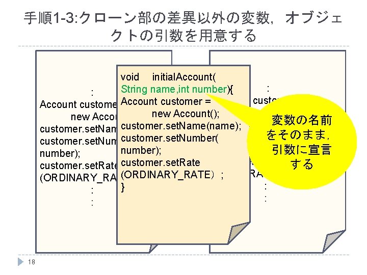 手順1 -3: クローン部の差異以外の変数，オブジェ クトの引数を用意する void initial. Account( : String name, int number){ : customer