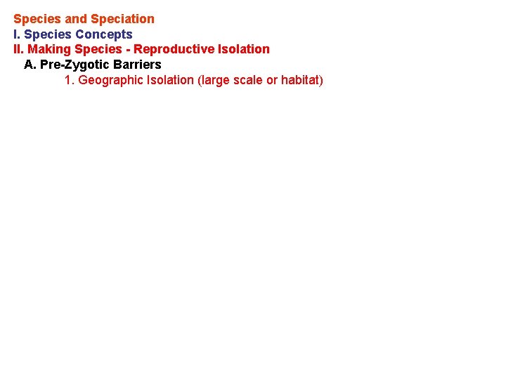 Species and Speciation I. Species Concepts II. Making Species - Reproductive Isolation A. Pre-Zygotic