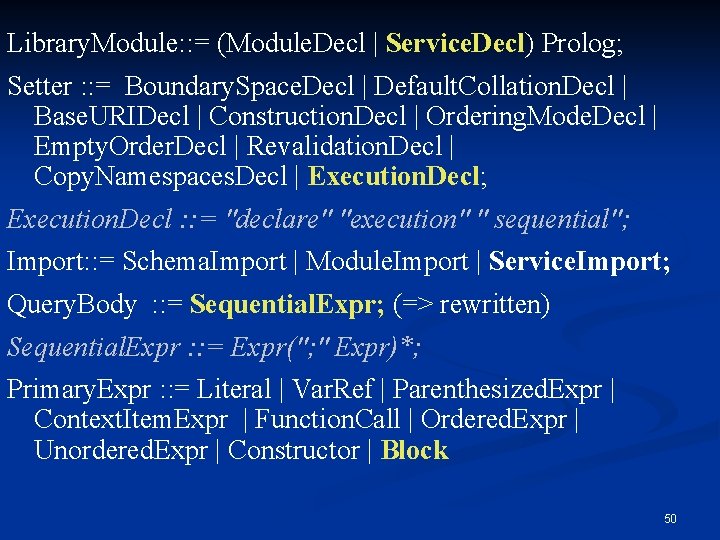 Library. Module: : = (Module. Decl | Service. Decl) Prolog; Setter : : =