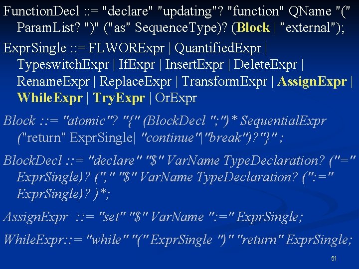 Function. Decl : : = "declare" "updating"? "function" QName "(" Param. List? ")" ("as"