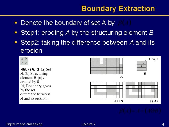 Boundary Extraction § Denote the boundary of set A by § Step 1: eroding