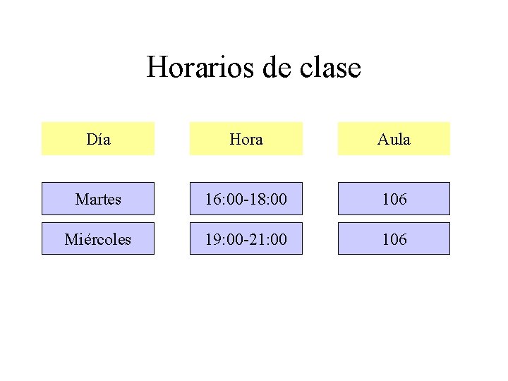 Horarios de clase Día Hora Aula Martes 16: 00 -18: 00 106 Miércoles 19: