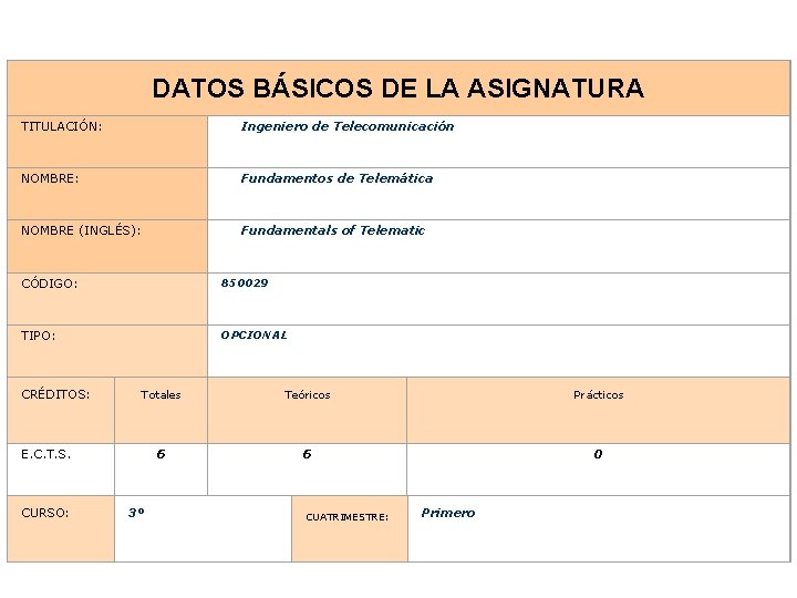 DATOS BÁSICOS DE LA ASIGNATURA TITULACIÓN: Ingeniero de Telecomunicación NOMBRE: Fundamentos de Telemática NOMBRE