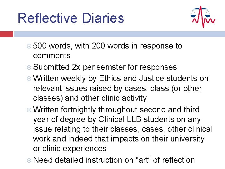 Reflective Diaries 500 words, with 200 words in response to comments Submitted 2 x