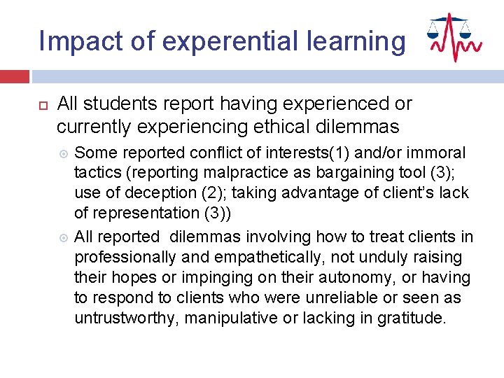 Impact of experential learning All students report having experienced or currently experiencing ethical dilemmas