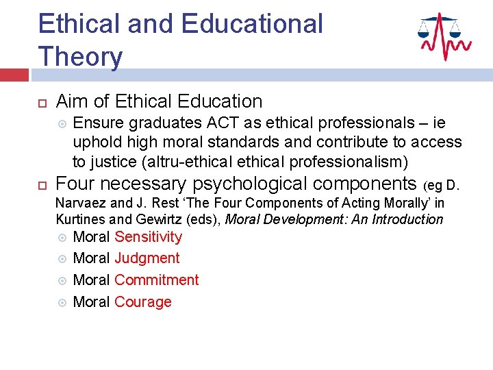 Ethical and Educational Theory Aim of Ethical Education Ensure graduates ACT as ethical professionals