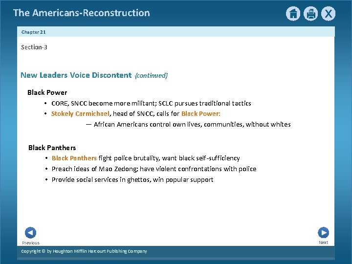 The Americans-Reconstruction Chapter 21 Section-3 New Leaders Voice Discontent {continued} Black Power • CORE,