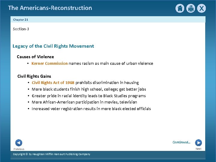 The Americans-Reconstruction Chapter 21 Section-3 Legacy of the Civil Rights Movement Causes of Violence
