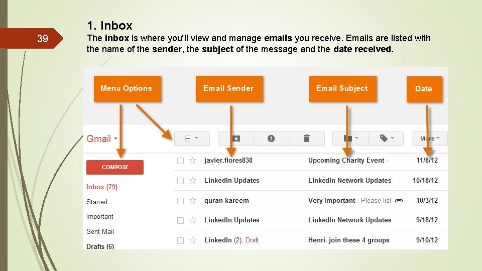 1. Inbox 39 The inbox is where you'll view and manage emails you receive.