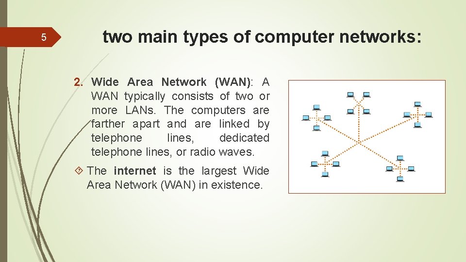 5 two main types of computer networks: 2. Wide Area Network (WAN): A WAN