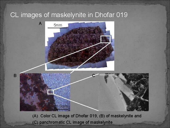 CL images of maskelynite in Dhofar 019 A 5 mm B C 0. 5