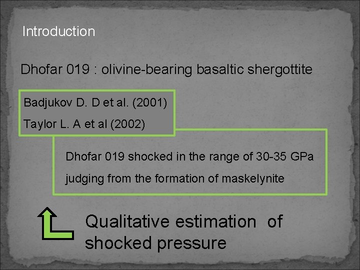 Introduction Dhofar 019 : olivine-bearing basaltic shergottite Badjukov D. D et al. (2001) Taylor