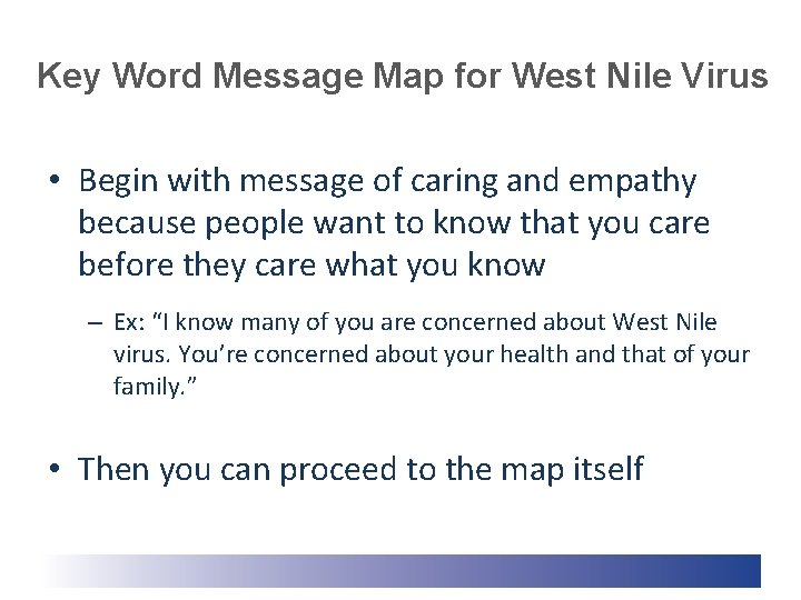 Key Word Message Map for West Nile Virus • Begin with message of caring Key Word Message Map for West Nile Virus • Begin with message of caring
