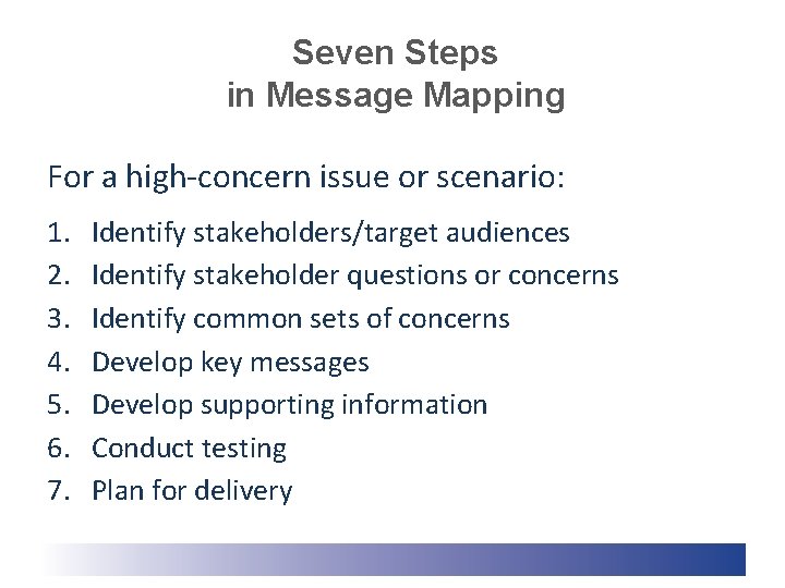 Seven Steps in Message Mapping For a high-concern issue or scenario: 1. 2. 3. Seven Steps in Message Mapping For a high-concern issue or scenario: 1. 2. 3.