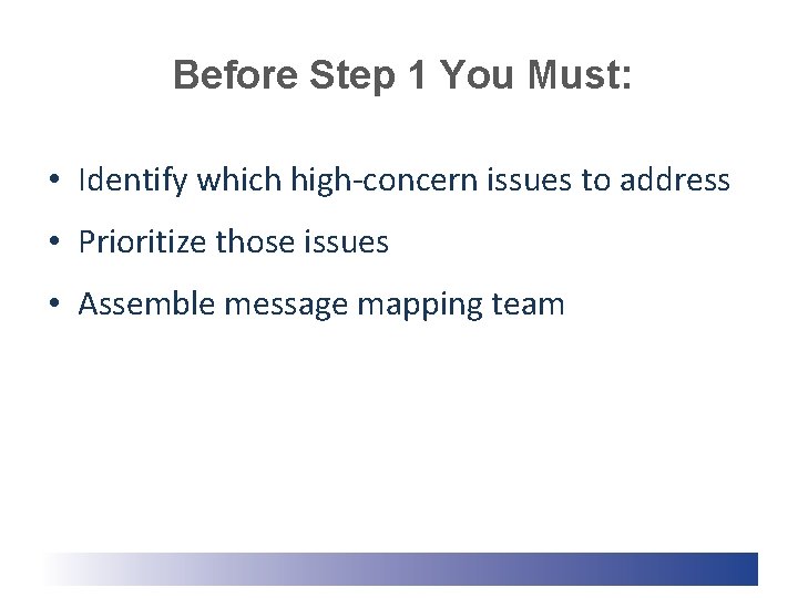 Before Step 1 You Must: • Identify which high-concern issues to address • Prioritize Before Step 1 You Must: • Identify which high-concern issues to address • Prioritize