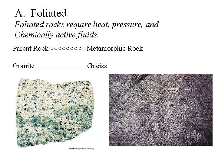 A. Foliated rocks require heat, pressure, and Chemically active fluids. Parent Rock >>>> Metamorphic