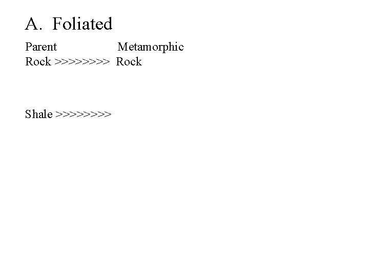 A. Foliated Parent Metamorphic Rock >>>> Rock Shale >>>> 