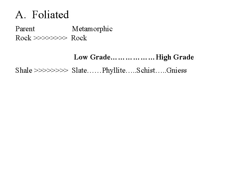 A. Foliated Parent Metamorphic Rock >>>> Rock Low Grade………………High Grade Shale >>>> Slate……Phyllite…. .